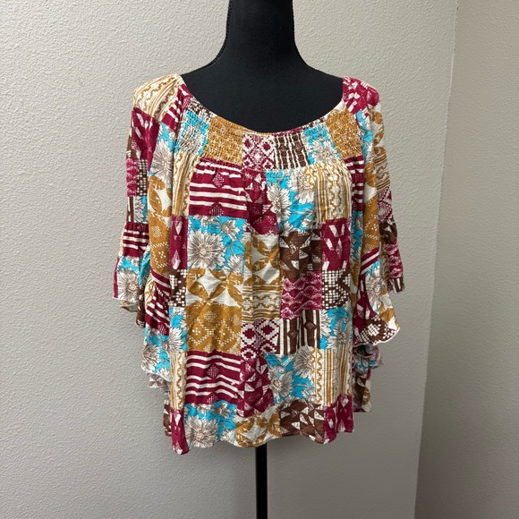 Cato Boho Patchwork Peasant Top Smocked Neck Bell Sleeve Floral Print L - Picture 2 of 10